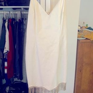 White fringe FashionNova bachelorette dress